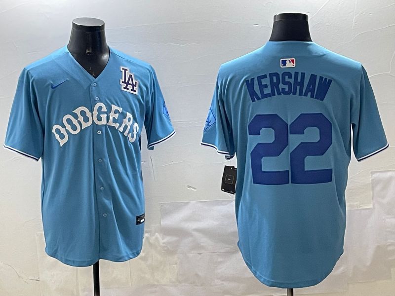 Men Los Angeles Dodgers #22 Kershaw Light Blue Joint Name 2025 Nike MLB Jersey style 18